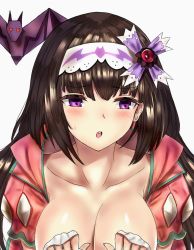 Rule 34 | 1girl, :o, arm warmers, bad id, bad pixiv id, bat (animal), black hair, blush, breasts, breasts out, fary5, fate/grand order, fate (series), hair ribbon, hairband, highres, hood, hood down, large breasts, long hair, looking at viewer, origami, osakabehime (fate), purple eyes, ribbon, solo, white background