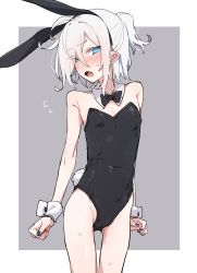 Rule 34 | 1girl, animal ears, azuma shino, bad id, bad twitter id, black bow, black bowtie, black leotard, blue eyes, blue nails, blush, bow, bowtie, commentary, cowboy shot, detached collar, embarrassed, fake animal ears, fang, flat chest, highres, leotard, nail polish, nose blush, nowareno (azuma shino), open mouth, original, playboy bunny, pointy ears, rabbit ears, rabbit tail, short hair, slit pupils, solo, strapless, strapless leotard, sweat, tail, two-tone background, white hair, wrist cuffs