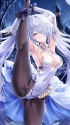 Rule 34 | 1girl, absurdres, age fx, azur lane, bare shoulders, black gloves, black pantyhose, breasts, cameltoe, cleavage, clothing cutout, commentary request, cone hair bun, double bun, dress, elbow gloves, gloves, grey hair, hair bun, hair horns, hair over one eye, highres, kiev (azur lane), kiev (vila of the crystal lake) (azur lane), leotard, long hair, looking at viewer, medium breasts, multicolored clothes, navel cutout, night, official alternate costume, one eye covered, pantyhose, red eyes, scrunchie, spread legs, strapless, strapless dress, twintails, very long hair, white dress, white hair, white leotard, wrist scrunchie