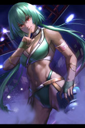 Rule 34 | 1girl, absurdres, arsonichawt, bikini, breasts, bridal gauntlets, cleavage, cowboy shot, dark-skinned female, dark skin, dutch angle, emerald sustrai, finger to mouth, floating hair, green bikini, green hair, grin, highleg, highleg bikini, highres, holding, index finger raised, long hair, looking at viewer, low twintails, navel, red eyes, rwby, small breasts, smile, solo, spotlight, standing, swimsuit, twintails, very long hair