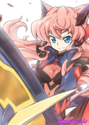 Rule 34 | 1girl, armor, blue eyes, breasts, cleavage, hair between eyes, headgear, holding, holding polearm, holding weapon, lance, long hair, looking at viewer, maria cadenzavna eve, mutsuki riichi, open mouth, pink hair, polearm, power armor, power suit, senki zesshou symphogear, smirk, solo, undersuit, very long hair, weapon