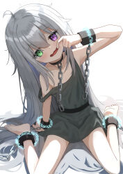 Rule 34 | 1girl, absurdres, bare shoulders, barefoot, blush, bound, breasts, chain, collar, cpk prd, cuffs, dress, finger in own mouth, green eyes, grey dress, grey hair, heterochromia, highres, long hair, looking at viewer, open mouth, original, purple eyes, restrained, simple background, sitting, slave, small breasts, smile, solo, strap slip, very long hair, wariza, white background