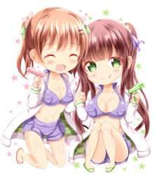 Rule 34 | 2girls, :d, :q, ^ ^, big head, blush, breasts, brown footwear, brown hair, chibi, cleavage, closed eyes, closed mouth, collarbone, commentary request, crop top, facing viewer, flower, gochuumon wa usagi desu ka?, green eyes, green footwear, hair flower, hair ornament, holding, holding hands, hood, hood down, hooded jacket, hoto cocoa, jacket, large breasts, light brown hair, long hair, long sleeves, looking at viewer, matching outfits, multiple girls, open clothes, open jacket, open mouth, pink flower, purple shorts, sandals, short shorts, shorts, simple background, sleeveless, smile, star (symbol), tongue, tongue out, twintails, ujimatsu chiya, very long hair, water gun, white background, white jacket, xenon (for achieve)