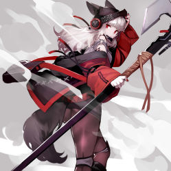 Rule 34 | 1girl, absurdres, animal ears, arknights, bag, black pantyhose, black skirt, commentary request, frostleaf (arknights), grey hair, halberd, headphones, highres, holding, holding weapon, implied extra ears, jacket, long hair, long sleeves, looking at viewer, miniskirt, pantyhose, polearm, red eyes, red jacket, shoulder bag, skirt, solo, tail, weapon, wolf ears, wolf tail, yoshio (55level)