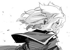 Rule 34 | 1girl, cape, commentary request, earmuffs, floating hair, from side, greyscale, hair between eyes, hair flaps, highres, kawayabug, looking ahead, medium hair, monochrome, pointy hair, profile, simple background, solo, touhou, toyosatomimi no miko, upper body, white background
