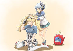 Rule 34 | 2girls, abyssal ship, aqua neckwear, aqua skirt, beige background, black ribbon, blonde hair, blue hair, blue sailor collar, blue shirt, breast pocket, breasts, brown eyes, collared shirt, commentary request, dixie cup hat, double bun, enemy lifebuoy (kancolle), closed eyes, full body, gambier bay (kancolle), gloves, hair bun, hairband, hat, hat ribbon, head wreath, highres, kantai collection, large breasts, little blue whale (kancolle), long sleeves, military hat, miniskirt, multicolored clothes, multicolored gloves, multiple girls, neckerchief, pleated skirt, pocket, ribbon, sailor collar, samuel b. roberts (kancolle), school uniform, serafuku, shirt, short hair, simple background, skirt, sleeve cuffs, thighhighs, tiger (tiger-kimu), twintails, whale, white headwear, white legwear, white shirt