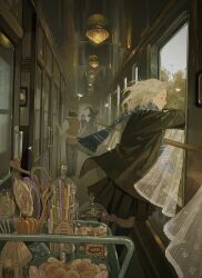 Rule 34 | arm rest, black skirt, black thighhighs, blue scarf, candy, character request, closed eyes, floating hair, food, from side, galley cart, harry potter (series), highres, iyzlime, jacket, jelly bean, leaning on object, light brown hair, lollipop, luna lovegood, open clothes, open jacket, pleated skirt, scarf, skirt, smile, thighhighs, wizarding world