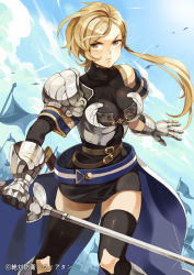 Rule 34 | 1girl, armor, banner, blonde hair, blue eyes, breasts, cape, dress, gauntlets, inzup, large breasts, long hair, original, side ponytail, solo, sun, sunlight, sword, thighhighs, weapon, zettai bouei leviathan, zettai ryouiki