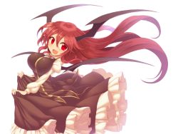 Rule 34 | 1girl, black skirt, breasts, frilled skirt, frills, head wings, juliet sleeves, koakuma, kuresento, large breasts, lifting own clothes, long hair, long sleeves, looking at viewer, narrow waist, necktie, open mouth, puffy sleeves, red eyes, red hair, red necktie, simple background, skirt, skirt set, smile, solo, touhou, white background, wings