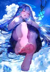 Rule 34 | 1girl, absurdres, bare legs, barefoot, blue hair, blue nails, blush, feet, foot focus, foreshortening, half-closed eyes, halo, heart, heart-shaped pupils, highres, long hair, looking at viewer, nail polish, open mouth, original, red eyes, school uniform, skirt, soles, solo, symbol-shaped pupils, toenail polish, toenails, toes, w (w64851564)