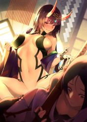 Rule 34 | 2girls, aged down, aged up, alternate breast size, alternate hair length, alternate hairstyle, bad id, bad pixiv id, bottomless, breasts, fate/grand order, fate (series), horns, long hair, loose clothes, minamoto no raikou (fate), multiple girls, nipples, oni, purple hair, reroi, role reversal, shuten douji (fate), skin-covered horns, small breasts, smirk, surprised