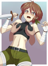 1boy 1girl absurdres bandaged_wrist bandages bandit_(tales_of_destiny_2) belt black_belt black_sports_bra blush border breasts brown_hair clam_curry commentary_request cowboy_shot dagger grabbing_from_behind green_hairband green_shorts groping hairband hetero highres holding holding_dagger holding_knife holding_weapon knife looking_down medium_breasts midriff navel open_mouth paid_reward_available reverse_grip short_hair shorts solo_focus sports_bra tales_of_(series) tales_of_destiny_2 tearing_up teeth upper_teeth_only weapon white_border