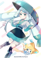 Rule 34 | 1girl, :d, black skirt, black thighhighs, blue eyes, blue hair, blue hat, blue skirt, chin strap, closed mouth, commentary, creatures (company), flute, game freak, gen 3 pokemon, grey kimono, grey shorts, hat, hat ornament, hatsune miku, highres, instrument, japanese clothes, jirachi, kimono, legendary pokemon, light blue hair, long hair, miniskirt, mythical pokemon, nintendo, open mouth, over-kneehighs, poke flute, pokemon, pokemon (creature), project voltage, sandogasa, shi mohaji, shorts, shorts under skirt, skirt, smile, solo, star (symbol), star hat ornament, steel miku (project voltage), thighhighs, third eye on chest, twintails, twitter username, two-tone skirt, very long hair, vocaloid, wide sleeves