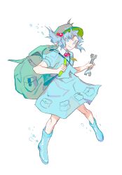 Rule 34 | 1girl, backpack, bag, blue eyes, blue footwear, blue hair, blue shirt, boots, closed mouth, collared shirt, commentary, full body, green bag, green hat, hair bobbles, hair ornament, hat, highres, holding, holding screwdriver, jewelry, kawashiro nitori, key, key necklace, miko (15476997), necklace, pocket, screwdriver, shirt, short sleeves, short twintails, simple background, smile, solo, symbol-only commentary, touhou, twintails, white background, white shirt
