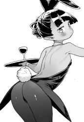 Rule 34 | 1girl, animal ears, ass, atage, backless outfit, blush, breasts, closed mouth, cocktail glass, cup, drinking glass, elf, from behind, greyscale, hair bun, leaning forward, leotard, looking at viewer, looking back, monochrome, original, pantyhose, playboy bunny, pointy ears, rabbit ears, rabbit tail, short hair, simple background, single hair bun, small breasts, solo, tail, tailcoat, white background