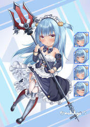 Rule 34 | 1girl, :o, ;d, absurdres, age regression, aged down, apron, armored boots, azur lane, bare shoulders, blue dress, blue hair, blush, boots, closed eyes, commentary request, corset, cover, detached sleeves, dress, expressions, fake cover, frilled apron, frilled dress, frills, full body, garter straps, hand up, highres, holding trident, knee boots, knees together feet apart, long hair, looking at viewer, maid headdress, makihige, neptune (azur lane), one eye closed, open mouth, pout, shell hair ornament, signature, smile, solo, staring, thighhighs, very long hair, waist apron, white apron, yellow eyes