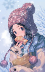 Rule 34 | 1girl, bag, beanie, black eyes, black hair, blurry, blurry background, eating, food, hat, holding, holding bag, korean commentary, long sleeves, looking at viewer, original, red hat, saeldam, scarf, short hair, sleeves past wrists, snowflakes, snowing, solo, taiyaki, wagashi, winter, winter clothes