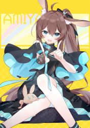 Rule 34 | 1girl, :d, ahoge, amiya (arknights), animal ears, ankle cuffs, aqua dress, arknights, bare shoulders, black dress, blue eyes, blue nails, brown hair, character name, detached sleeves, dress, eta, fingerless gloves, floral print, gloves, hair ornament, hair ribbon, highres, jewelry, koi dance, looking at viewer, multicolored clothes, multicolored dress, nail polish, neck ribbon, open mouth, ponytail, rabbit ears, ribbon, ring, rose print, single fingerless glove, sitting, smile, stuffed animal, stuffed rabbit, stuffed toy, twitter username, yellow background