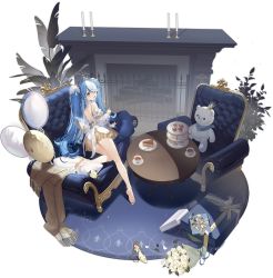 Rule 34 | 1girl, artist request, azur lane, balloon, bare shoulders, barefoot, blue eyes, blue hair, box, cake, cake slice, candle, candlestand, couch, crown, cup, dress, fireplace, flower, food, fork, full body, gift, gift box, hair over one eye, highres, jewelry, long hair, looking at viewer, maille-breze (azur lane), maille-breze (sugary sabbatical) (azur lane), manjuu (azur lane), mini crown, multicolored hair, official art, open mouth, pastry, petals, pillow, plate, see-through, short dress, simple background, skirt, solo, stuffed animal, stuffed toy, tea, teacup, teddy bear, tiara, toes, transparent background, twintails, white hair