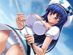 Rule 34 | 1girl, abu, areola slip, arin, beret, blue hair, blush, breasts, cleavage, cloud, covered erect nipples, day, dress, dutch angle, embarrassed, golf, golf club, hat, lace, lace-trimmed panties, lace trim, large breasts, long hair, nipple slip, nipples, open mouth, pangya, panties, pantyshot, purple eyes, shirt, sky, solo, taut clothes, taut shirt, underwear, upskirt, white panties