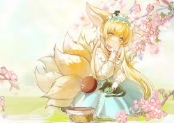 Rule 34 | 1girl, animal, animal ear fluff, animal ears, arknights, bag, basket, black cat, black footwear, blonde hair, blue hairband, blue skirt, blurry, blurry background, branch, cat, closed mouth, commentary request, crossover, depth of field, finger to mouth, flower, fox ears, fox girl, fox tail, frilled hairband, frills, green eyes, hairband, hand up, heixiu, highres, jacket, long hair, long sleeves, luo xiaohei, on head, open clothes, open jacket, pink flower, puffy long sleeves, puffy sleeves, shirt, shoes, shoulder bag, shushing, skirt, smile, suzuran (arknights), suzuran (spring praise) (arknights), tail, luo xiaohei zhanji, tuanzi470, very long hair, white jacket, white shirt