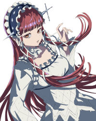 Rule 34 | 1girl, absurdres, blunt bangs, collar, detached collar, dress, frilled collar, frilled hairband, frills, hair ornament, hair ribbon, hairband, hand up, highres, long hair, long sleeves, looking at viewer, open mouth, persona, persona 3, persona 3 reload, red hair, ribbon, s-m-53413, sidelocks, solo, straight hair, upper body, white background, white dress, white nails, white ribbon, yellow eyes, yoshino chidori