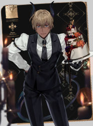Rule 34 | 1boy, amuro tooru, black legwear, black ribbon, blonde hair, blue eyes, blueberry, blurry, cake, candle, commentary, contrapposto, dark-skinned male, dark skin, demon boy, demon horns, demon tail, depth of field, dripping, fire, flower, food, fruit, hand on own hip, happy halloween, highres, holding, holding food, horns, kanamura ren, looking at viewer, male focus, meitantei conan, mithril, raspberry, ribbon, rose, shirt, solo, standing, tail, waitress, white shirt, yonic symbol
