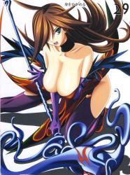 Rule 34 | 00s, 1girl, :o, ahoge, aqua eyes, bare shoulders, blue eyes, breast hold, breasts, brown hair, choker, cleavage, collarbone, covered erect nipples, dress, elbow gloves, feathers, fighting stance, flame master nyx, flame print, flipped hair, floating hair, funikura, garter straps, gloves, hair over one eye, high heels, highres, holding, huge breasts, kneeling, kuroki masahiro, leaning forward, long hair, looking at viewer, nyx (queen&#039;s blade), nyx (queen's blade), off shoulder, official art, one-eyed, open mouth, purple gloves, purple thighhighs, queen&#039;s blade, red dress, red eyes, scan, scythe, shadow, shoes, side slit, solo, spread legs, staff, tentacles, thighhighs, tiptoes, weapon, wind, wind lift