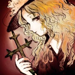 Rule 34 | 1girl, ancient, blonde hair, closed mouth, collared shirt, commentary request, cross, expressionless, eyelashes, face, frilled hat, frills, hat, holding, holding cross, jacket girl (dipp), katari, long hair, ribbon, shirt, touhou, wavy hair