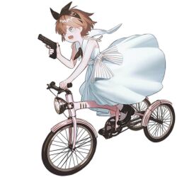 Rule 34 | 1girl, aged down, aqua dress, aqua eyes, bicycle, black bow, black footwear, black hairband, bow, brown hair, browning hi-power, dress, full body, girls&#039; frontline, gun, hair bow, hairband, handgun, headlight, holding, holding gun, holding weapon, hp-35 (girls&#039; frontline), hp-35 (little glider) (girls&#039; frontline), lower teeth only, official alternate costume, official art, open mouth, reoen, riding, riding bicycle, shoes, short hair, simple background, sitting, sleeveless, sleeveless dress, socks, solo, teeth, transparent background, tricycle, weapon, white socks