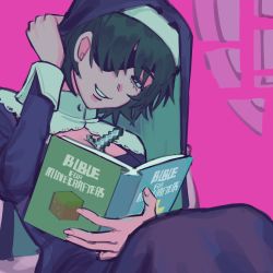 Rule 34 | 1girl, black hair, book, chainsaw man, cleavage cutout, clothing cutout, minecraft sword, eyepatch, green eyes, hat, highres, himeno (chainsaw man), holding, holding book, holding clothes, holding hat, liowig, looking at viewer, minecraft, nun, pink background, pink theme, short hair, smile, solo, sword between breasts
