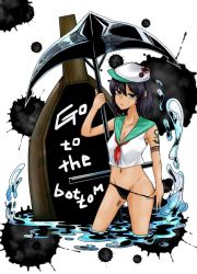 Rule 34 | 1girl, anchor, anchor tattoo, bad id, bad pixiv id, bare arms, bare legs, bikini, bikini bottom only, black bikini, black hair, boat, body writing, collarbone, crop top, ear piercing, english text, expressionless, groin, hat, holding, holding anchor, ink stain, looking at viewer, murasa minamitsu, navel, no pants, parted lips, partially submerged, piercing, sailor collar, sailor hat, sailor shirt, shirt, short hair, shoulder tattoo, sleeveless, sleeveless shirt, solo, swimsuit, tally, tattoo, touhou, tsukuha (chakai514), undressing, water, watercraft, white background, white hat, white shirt