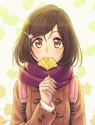 Rule 34 | 1girl, 2016, artist name, backpack, bag, blush, brown eyes, brown hair, coat, commentary, covering own mouth, dated, duffel coat, enpera, ginkgo tree, hair between eyes, hair ornament, hairpin, highres, holding, holding leaf, leaf, leaf print, matching hair/eyes, original, scarf, signature, smile, solo, upper body, wedo