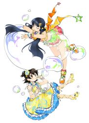 Rule 34 | 2girls, akagi miria, akagi miria (cosplay), alternate color, bare legs, black hair, blunt bangs, brown eyes, bubble, blowing bubbles, closed eyes, commentary, cosplay, costume switch, crop top, crossover, dot nose, dress, floating, flower, frilled dress, frilled skirt, frills, hair flower, hair ornament, hairclip, half updo, high heels, idol, idolmaster, idolmaster cinderella girls, idolmaster cinderella girls starlight stage, idolmaster million live!, idolmaster million live! theater days, kitakami reika, kitakami reika (cosplay), leaning forward, long hair, midriff, miridereningen, multiple girls, oversized object, shoes, short hair, short twintails, simple background, skirt, sleeveless, sleeveless dress, smile, sneakers, twintails, two side up, very long hair, white background, yellow dress, yellow footwear