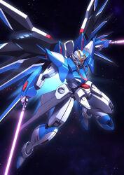 Rule 34 | absurdres, beam saber, blue eyes, commentary request, dual wielding, exhaust, flying, gundam, gundam seed, gundam seed freedom, highres, holding, holding sword, holding weapon, insignia, ka ki o, legs apart, mecha, mecha focus, mechanical wings, mobile suit, no humans, outstretched arms, rising freedom gundam, robot, science fiction, solo, space, spread arms, star (sky), sword, v-fin, weapon, wings