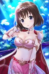 Rule 34 | alternative girls, armlet, armor, asahina nono, bikini armor, breasts, brown hair, cape, cleavage, gem, hair ornament, hand on own head, heart, heart hair ornament, highres, looking at viewer, medium breasts, official art, open mouth, pink skirt, purple eyes, short hair, shoulder armor, shoulder pads, skirt, solo