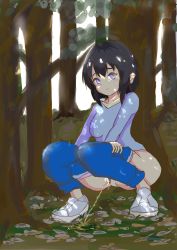 Rule 34 | 1girl, absurdres, autumn leaves, black hair, blue pants, blue shirt, blush, breasts, buta no fuguri, clothes pull, collarbone, denim, forest, grass, grey footwear, highres, jeans, leaf, long sleeves, looking to the side, medium breasts, nature, open mouth, panties, pants, pants pull, panty pull, peeing, pink panties, pubic hair, puddle, purple eyes, pussy, shirt, shoes, short hair, squatting, steam, tree, uncensored, underwear