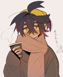 Rule 34 | 1boy, alternate costume, black hair, blush, brown sweater, closed mouth, colored inner hair, commentary request, creatures (company), crossed bangs, cup, game freak, hair between eyes, hairband, highres, holding, holding cup, kieran (pokemon), long sleeves, looking at viewer, male focus, mole, mole on neck, multicolored hair, nintendo, pokemon, pokemon sv, scarf, steam, sweater, tisanntisyou, translation request, upper body, white background, yellow eyes, yellow hairband