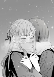 2girls blush closed_eyes commentary greyscale half_up_braid highres hug long_hair lwmina70119 miyagi_shiori monochrome multiple_girls scarf sendai_hazuki shared_clothes shared_scarf short_hair shuuniichido_classmate_wo_kau_hanashi snow upper_body winter_clothes yuri