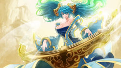 Rule 34 | 1girl, blue hair, breasts, cleavage, goomrrat, gradient hair, highres, instrument, large breasts, league of legends, long hair, multicolored hair, solo, sona (league of legends)