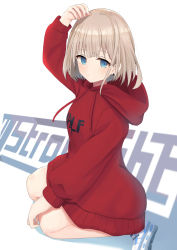 Rule 34 | 1girl, arm up, blue eyes, blush, brown hair, closed mouth, clothes writing, commentary request, drawstring, earrings, highres, hood, hood down, hoodie, idolmaster, idolmaster shiny colors, jewelry, long sleeves, looking at viewer, looking to the side, red hoodie, seiza, serizawa asahi, shadow, shoes, sitting, solo, straylight (idolmaster), white background, white footwear, yui081