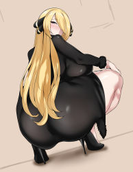 Rule 34 | 1girl, absurdres, ass, backboob, black dress, black eyes, blonde hair, blush, breast press, breasts, breasts squeezed together, creatures (company), cynthia (pokemon), dress, feet, female focus, from behind, full body, fur trim, game freak, hair over one eye, hand on own thigh, high heels, highres, huge ass, huge breasts, legs, long hair, looking back, nintendo, nose blush, owner1657, pokemon, pokemon dppt, simple background, solo, squatting, thick thighs, thighs