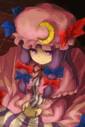 Rule 34 | 1girl, book, crescent, crescent hat ornament, female focus, hat, hat ornament, highres, long hair, nail polish, oso (toolate), patchouli knowledge, purple hair, purple nails, ribbon, solo, touhou