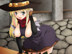 Rule 34 | between breasts, blonde hair, blush, breasts, fantasy earth zero, fingerless gloves, gloves, green eyes, hat, large breasts, long hair, smile, witch, witch hat