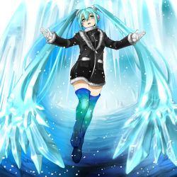 Rule 34 | 1girl, aqua eyes, aqua hair, boots, coat, earmuffs, eiji (eiji), gloves, hatsune miku, long hair, outstretched arms, see-through, snow, solo, spread arms, thigh boots, thighhighs, toes, twintails, very long hair, vocaloid