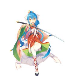 Rule 34 | 1girl, blue hair, full body, high ponytail, holding, holding sword, holding weapon, kaguya (sennen sensou aigis), katana, katou itsuwa, leg up, long hair, long sleeves, looking at viewer, o-ring, official art, open mouth, platform footwear, pointy ears, round teeth, sandals, sennen sensou aigis, sidelocks, solo, sword, teeth, thick eyebrows, thighhighs, transparent background, very long hair, weapon, white thighhighs, wide sleeves