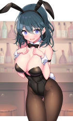 Rule 34 | 1girl, :d, absurdres, animal ears, arm strap, bare shoulders, black leotard, blue eyes, bow, bowtie, breasts, brown pantyhose, byleth (female) (fire emblem), byleth (fire emblem), cleavage, commission, covered navel, cowboy shot, detached collar, fake animal ears, fake tail, fire emblem, fire emblem: three houses, gluteal fold, grey hair, groin, hairband, hands on own chest, hands up, highleg, highleg leotard, highres, ichi-jirushi, large breasts, leotard, long hair, looking at viewer, nintendo, open mouth, pantyhose, playboy bunny, rabbit ears, rabbit tail, skeb commission, skin tight, skindentation, smile, solo, strapless, strapless leotard, tail, thigh gap, thighs, wrist cuffs