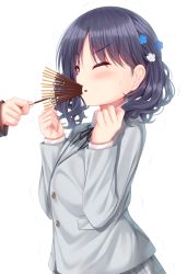 Rule 34 | 1girl, bad id, bad pixiv id, black hair, black ribbon, blazer, blue flower, blush, closed mouth, collared shirt, commentary request, flower, food, food in mouth, food on face, fukumaru koito, grey jacket, grey skirt, hair flower, hair ornament, holding, holding food, idolmaster, idolmaster shiny colors, jacket, long sleeves, looking away, mouth hold, neck ribbon, one eye closed, plaid, plaid skirt, pocky, pocky day, purple eyes, ribbon, school uniform, shirt, simple background, skirt, solo focus, twintails, upper body, v-shaped eyebrows, white background, white flower, white shirt, yunagi amane