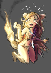 Rule 34 | 1girl, animal ears, female focus, fire, furry, furry female, highres, kneeling, long hair, navel, open mouth, panicking, solo, tail, tears, tenteco (covamin)