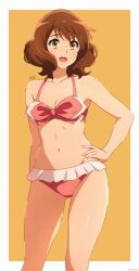 Rule 34 | 1girl, artist name, bare shoulders, bikini, blush, bow, bow bikini, breasts, brown eyes, brown hair, collarbone, frilled bikini, frills, gluteal fold, hair between eyes, hand on own hip, hibike! euphonium, highres, looking to the side, navel, open mouth, oumae kumiko, short hair, simple background, small breasts, smile, solo, stomach, swept bangs, swimsuit, thighs, usagihop, watermark, wavy hair